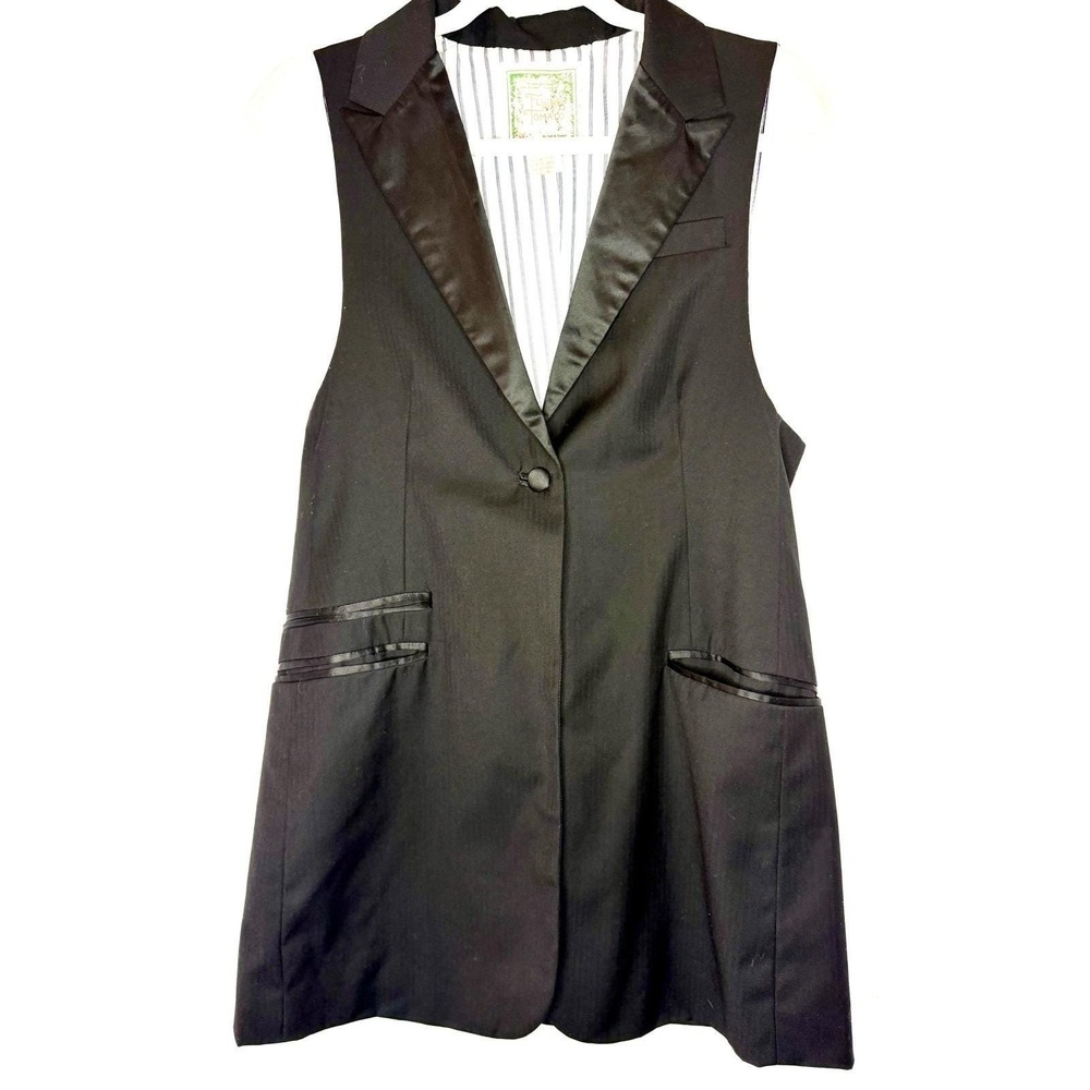 Flying Tomato Long Vest Womens L Black Whimsygoth Satin Trim Tuxedo Waistcoat - Picture 2 of 9